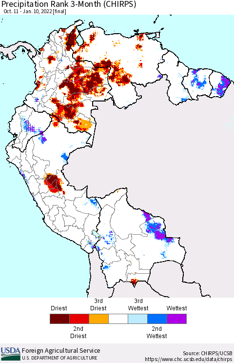 Northern South America Precipitation Rank 3-Month (CHIRPS) Thematic Map For 10/11/2021 - 1/10/2022