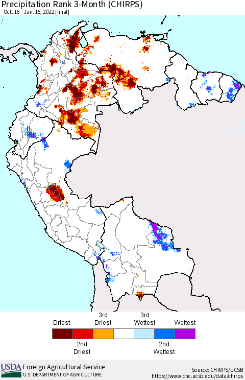 Northern South America Precipitation Rank since 1981, 3-Month (CHIRPS) Thematic Map For 10/16/2021 - 1/15/2022