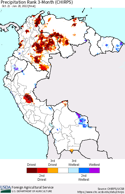 Northern South America Precipitation Rank 3-Month (CHIRPS) Thematic Map For 10/21/2021 - 1/20/2022