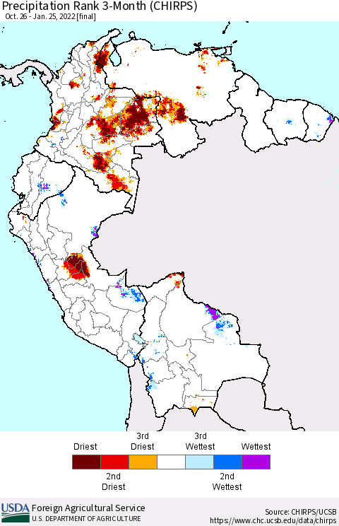 Northern South America Precipitation Rank 3-Month (CHIRPS) Thematic Map For 10/26/2021 - 1/25/2022