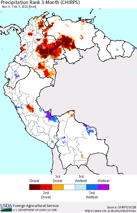 Northern South America Precipitation Rank since 1981, 3-Month (CHIRPS) Thematic Map For 11/6/2021 - 2/5/2022
