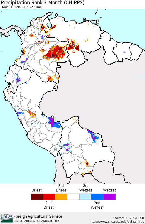 Northern South America Precipitation Rank 3-Month (CHIRPS) Thematic Map For 11/11/2021 - 2/10/2022
