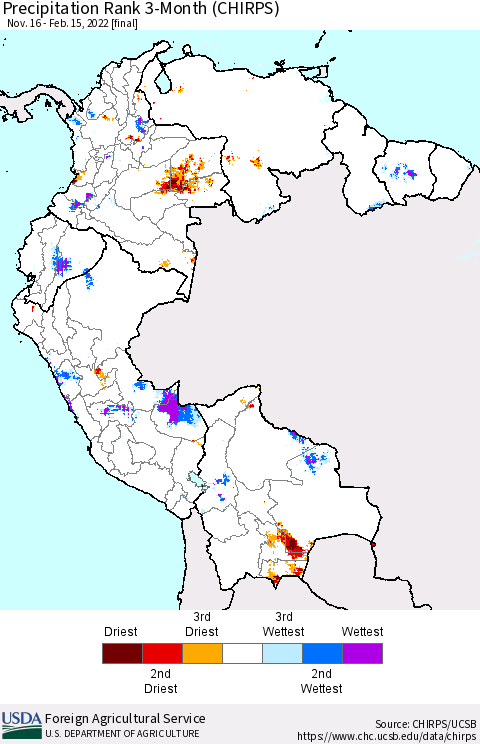 Northern South America Precipitation Rank 3-Month (CHIRPS) Thematic Map For 11/16/2021 - 2/15/2022