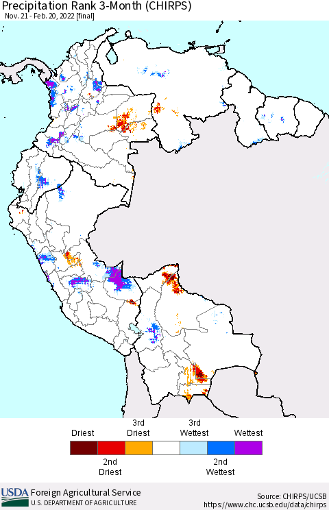 Northern South America Precipitation Rank 3-Month (CHIRPS) Thematic Map For 11/21/2021 - 2/20/2022