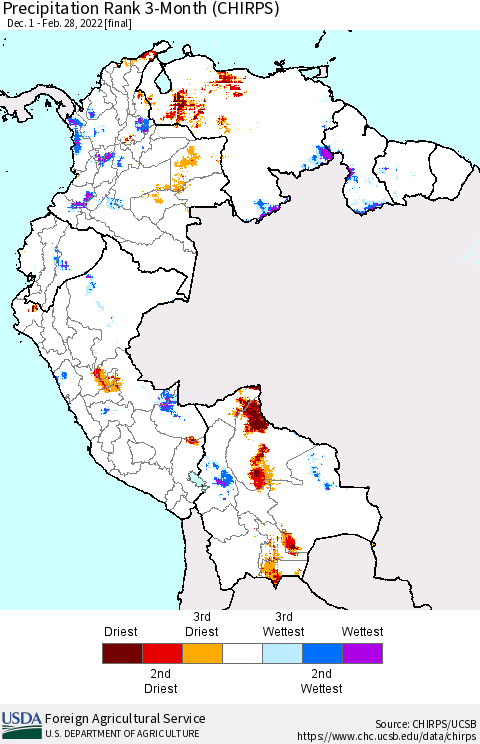 Northern South America Precipitation Rank since 1981, 3-Month (CHIRPS) Thematic Map For 12/1/2021 - 2/28/2022