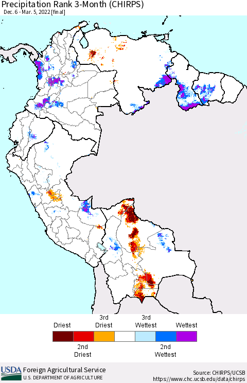 Northern South America Precipitation Rank 3-Month (CHIRPS) Thematic Map For 12/6/2021 - 3/5/2022