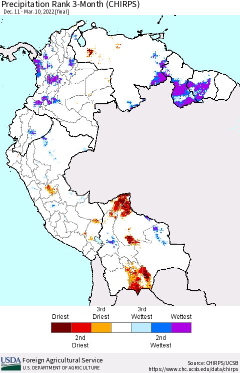 Northern South America Precipitation Rank since 1981, 3-Month (CHIRPS) Thematic Map For 12/11/2021 - 3/10/2022