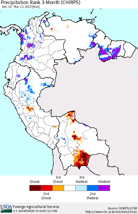 Northern South America Precipitation Rank since 1981, 3-Month (CHIRPS) Thematic Map For 12/16/2021 - 3/15/2022