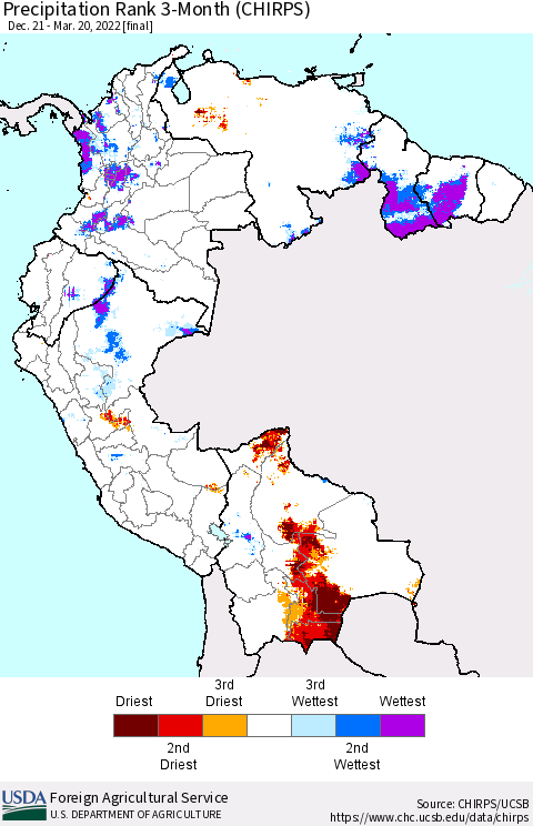 Northern South America Precipitation Rank since 1981, 3-Month (CHIRPS) Thematic Map For 12/21/2021 - 3/20/2022