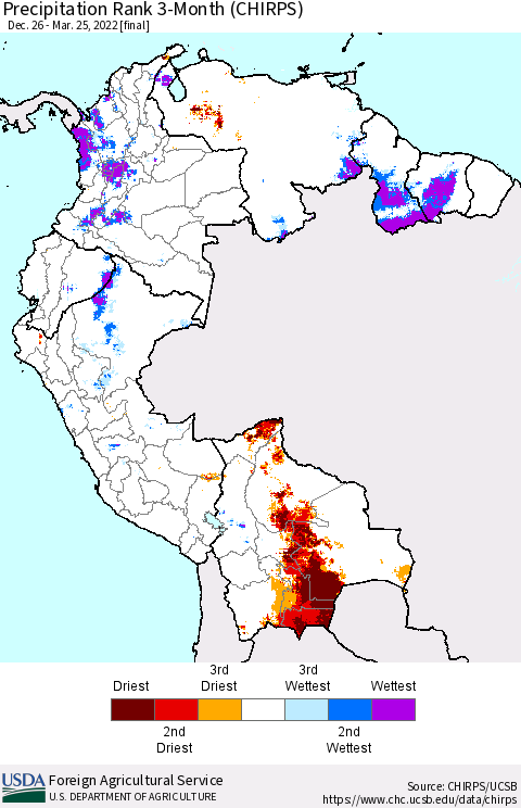 Northern South America Precipitation Rank since 1981, 3-Month (CHIRPS) Thematic Map For 12/26/2021 - 3/25/2022