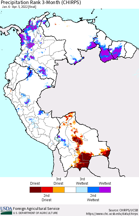 Northern South America Precipitation Rank 3-Month (CHIRPS) Thematic Map For 1/6/2022 - 4/5/2022