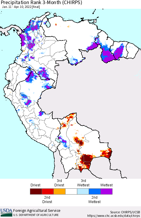 Northern South America Precipitation Rank since 1981, 3-Month (CHIRPS) Thematic Map For 1/11/2022 - 4/10/2022