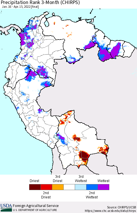 Northern South America Precipitation Rank 3-Month (CHIRPS) Thematic Map For 1/16/2022 - 4/15/2022