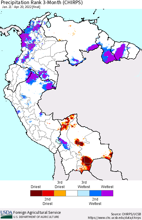 Northern South America Precipitation Rank 3-Month (CHIRPS) Thematic Map For 1/21/2022 - 4/20/2022