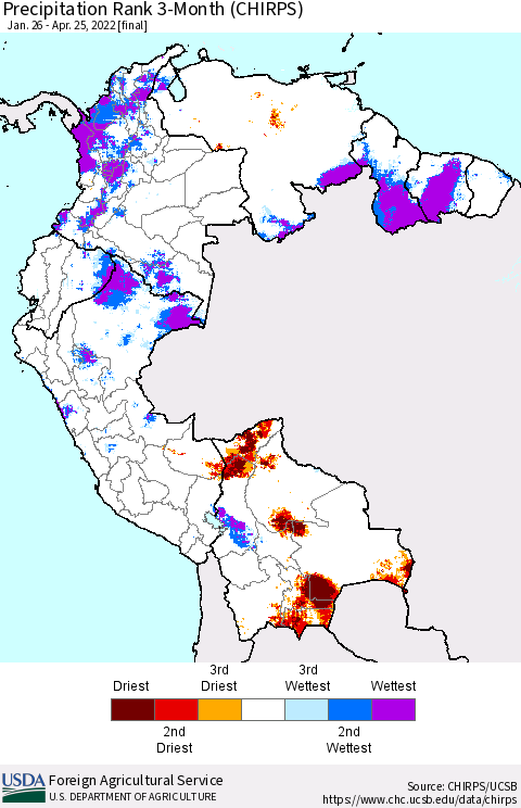 Northern South America Precipitation Rank since 1981, 3-Month (CHIRPS) Thematic Map For 1/26/2022 - 4/25/2022