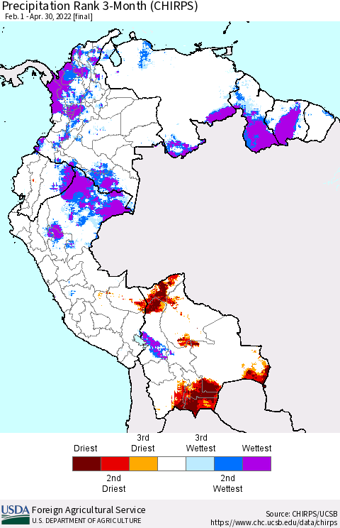 Northern South America Precipitation Rank 3-Month (CHIRPS) Thematic Map For 2/1/2022 - 4/30/2022