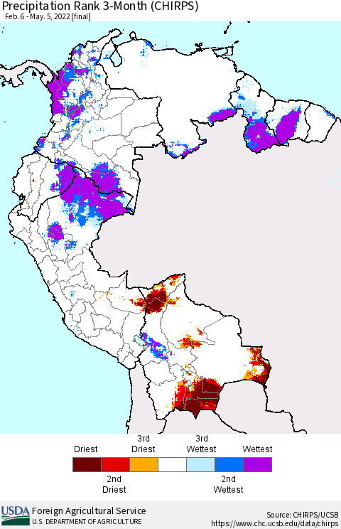 Northern South America Precipitation Rank 3-Month (CHIRPS) Thematic Map For 2/6/2022 - 5/5/2022