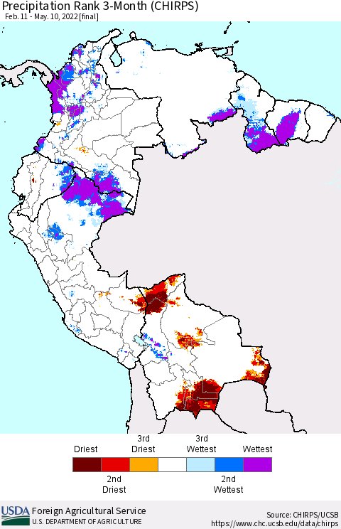 Northern South America Precipitation Rank since 1981, 3-Month (CHIRPS) Thematic Map For 2/11/2022 - 5/10/2022