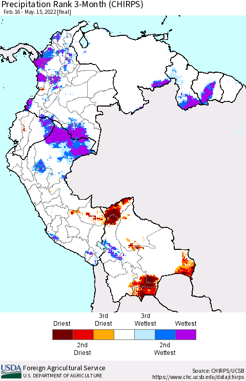 Northern South America Precipitation Rank since 1981, 3-Month (CHIRPS) Thematic Map For 2/16/2022 - 5/15/2022