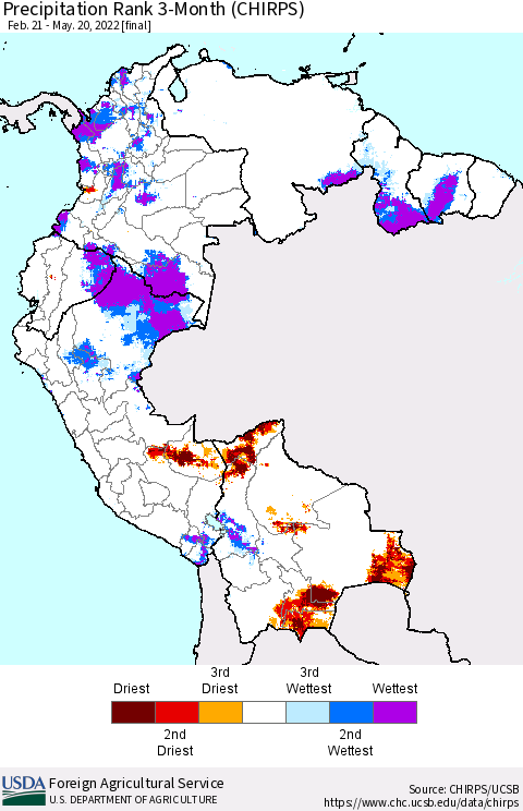 Northern South America Precipitation Rank 3-Month (CHIRPS) Thematic Map For 2/21/2022 - 5/20/2022