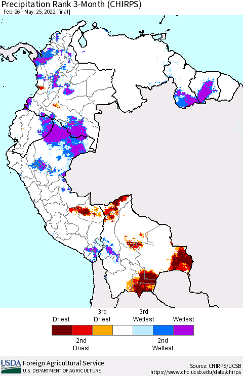 Northern South America Precipitation Rank 3-Month (CHIRPS) Thematic Map For 2/26/2022 - 5/25/2022