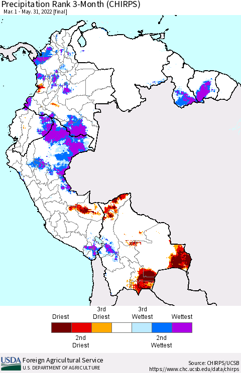 Northern South America Precipitation Rank 3-Month (CHIRPS) Thematic Map For 3/1/2022 - 5/31/2022