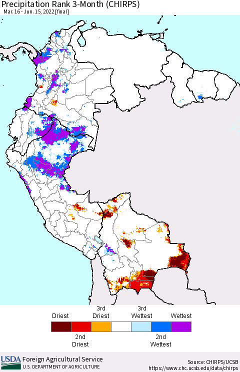 Northern South America Precipitation Rank 3-Month (CHIRPS) Thematic Map For 3/16/2022 - 6/15/2022