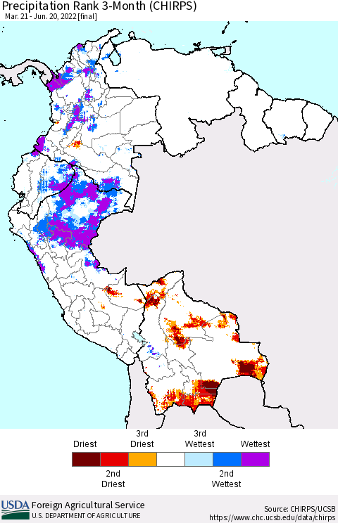 Northern South America Precipitation Rank 3-Month (CHIRPS) Thematic Map For 3/21/2022 - 6/20/2022