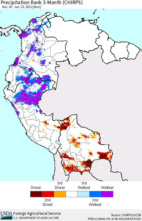Northern South America Precipitation Rank 3-Month (CHIRPS) Thematic Map For 3/26/2022 - 6/25/2022