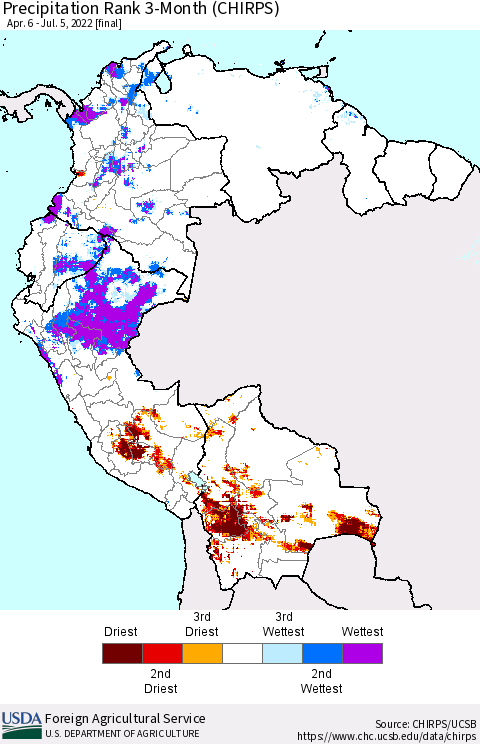 Northern South America Precipitation Rank 3-Month (CHIRPS) Thematic Map For 4/6/2022 - 7/5/2022