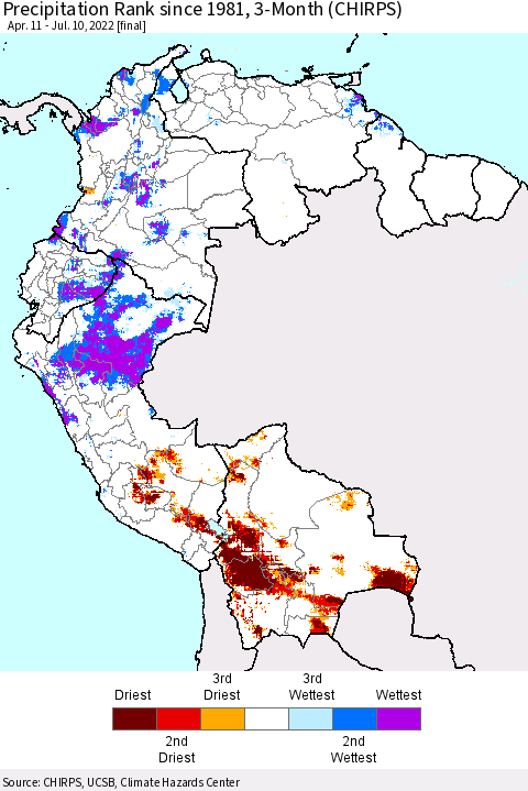 Northern South America Precipitation Rank since 1981, 3-Month (CHIRPS) Thematic Map For 4/11/2022 - 7/10/2022