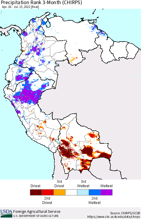Northern South America Precipitation Rank since 1981, 3-Month (CHIRPS) Thematic Map For 4/16/2022 - 7/15/2022