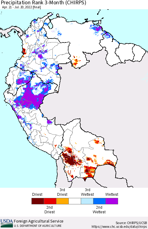 Northern South America Precipitation Rank since 1981, 3-Month (CHIRPS) Thematic Map For 4/21/2022 - 7/20/2022