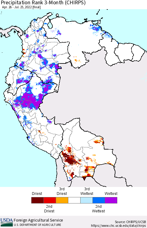 Northern South America Precipitation Rank since 1981, 3-Month (CHIRPS) Thematic Map For 4/26/2022 - 7/25/2022