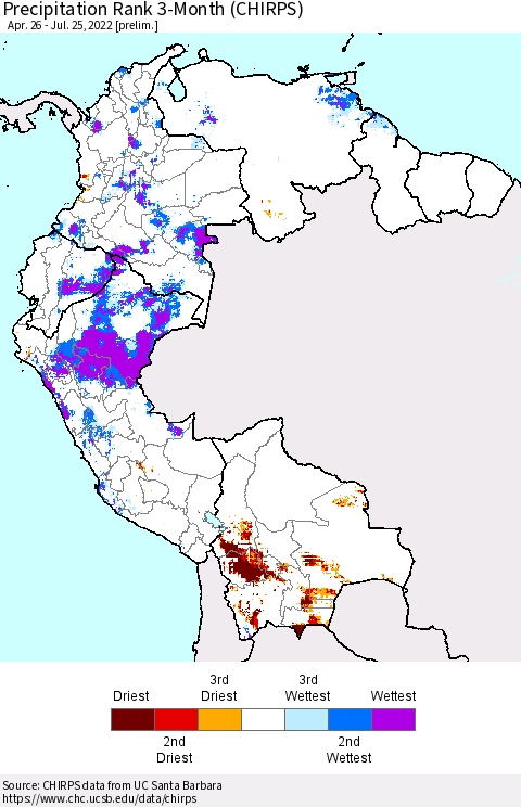 Northern South America Precipitation Rank 3-Month (CHIRPS) Thematic Map For 4/26/2022 - 7/25/2022