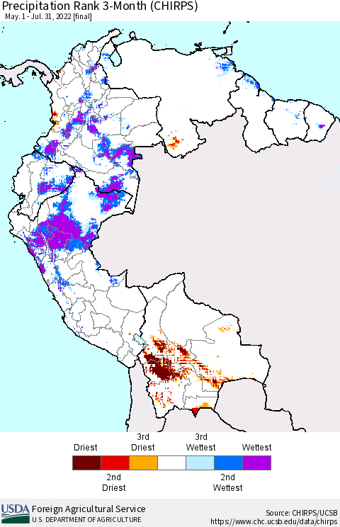 Northern South America Precipitation Rank 3-Month (CHIRPS) Thematic Map For 5/1/2022 - 7/31/2022