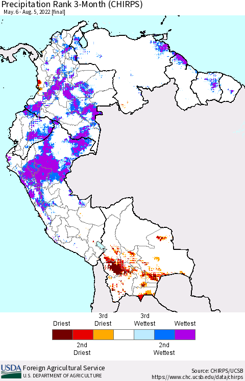 Northern South America Precipitation Rank since 1981, 3-Month (CHIRPS) Thematic Map For 5/6/2022 - 8/5/2022