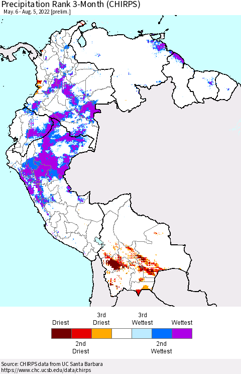 Northern South America Precipitation Rank 3-Month (CHIRPS) Thematic Map For 5/6/2022 - 8/5/2022