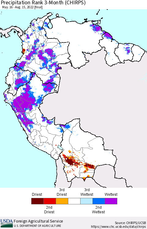 Northern South America Precipitation Rank since 1981, 3-Month (CHIRPS) Thematic Map For 5/16/2022 - 8/15/2022