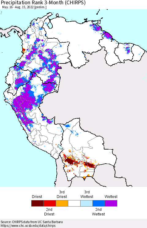 Northern South America Precipitation Rank 3-Month (CHIRPS) Thematic Map For 5/16/2022 - 8/15/2022