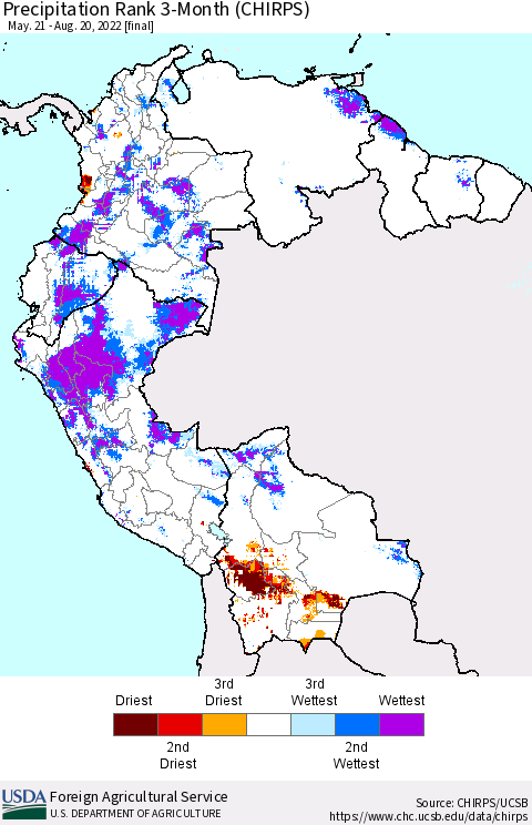 Northern South America Precipitation Rank since 1981, 3-Month (CHIRPS) Thematic Map For 5/21/2022 - 8/20/2022