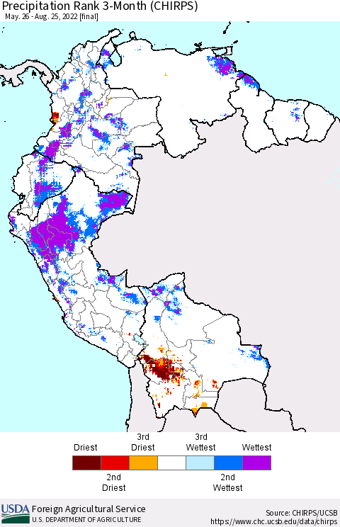 Northern South America Precipitation Rank since 1981, 3-Month (CHIRPS) Thematic Map For 5/26/2022 - 8/25/2022