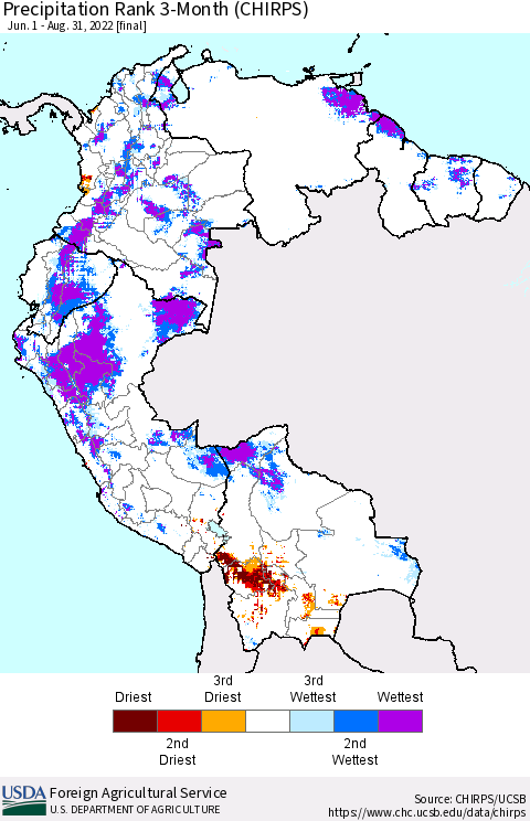 Northern South America Precipitation Rank since 1981, 3-Month (CHIRPS) Thematic Map For 6/1/2022 - 8/31/2022