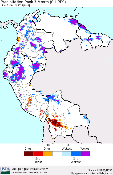 Northern South America Precipitation Rank since 1981, 3-Month (CHIRPS) Thematic Map For 6/6/2022 - 9/5/2022