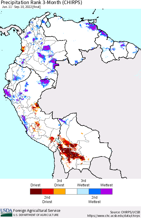 Northern South America Precipitation Rank since 1981, 3-Month (CHIRPS) Thematic Map For 6/11/2022 - 9/10/2022