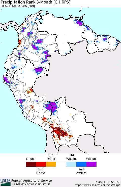 Northern South America Precipitation Rank since 1981, 3-Month (CHIRPS) Thematic Map For 6/16/2022 - 9/15/2022
