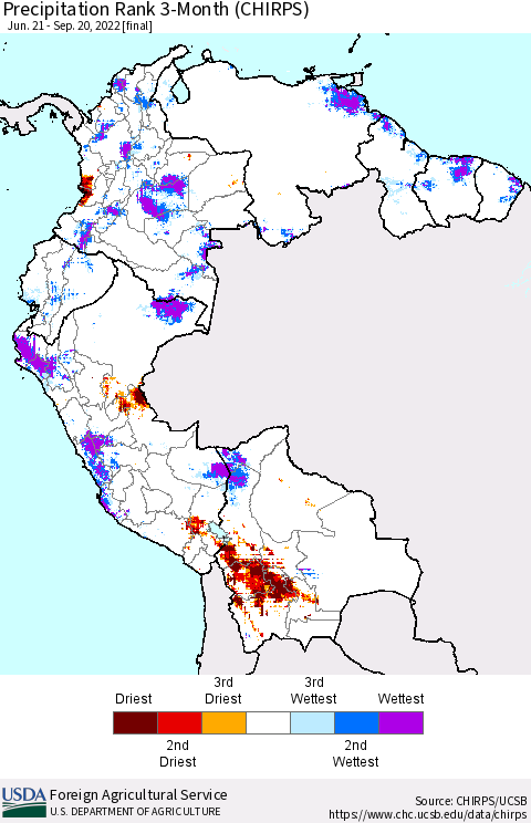 Northern South America Precipitation Rank since 1981, 3-Month (CHIRPS) Thematic Map For 6/21/2022 - 9/20/2022