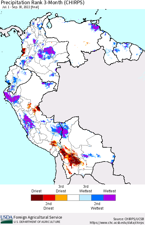 Northern South America Precipitation Rank since 1981, 3-Month (CHIRPS) Thematic Map For 7/1/2022 - 9/30/2022