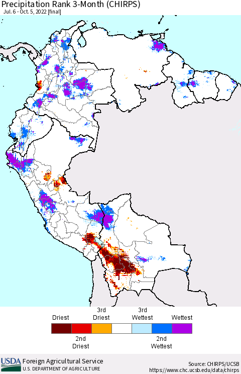 Northern South America Precipitation Rank since 1981, 3-Month (CHIRPS) Thematic Map For 7/6/2022 - 10/5/2022