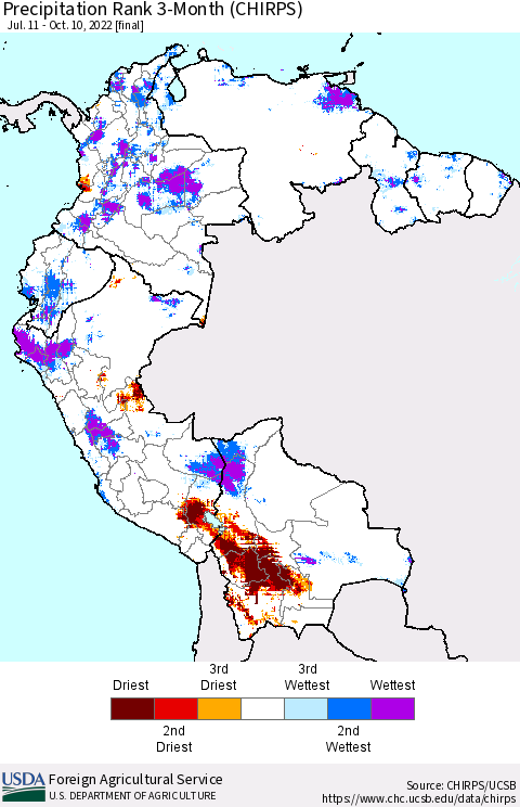 Northern South America Precipitation Rank since 1981, 3-Month (CHIRPS) Thematic Map For 7/11/2022 - 10/10/2022